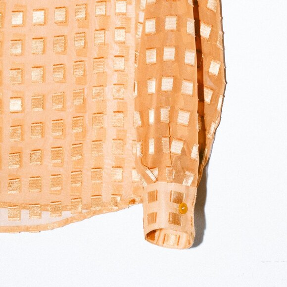 Vintage 90s Basic Edition Sheer Gold Long-Sleeve Blouse w/ Textured Squares - Picture 4 of 6